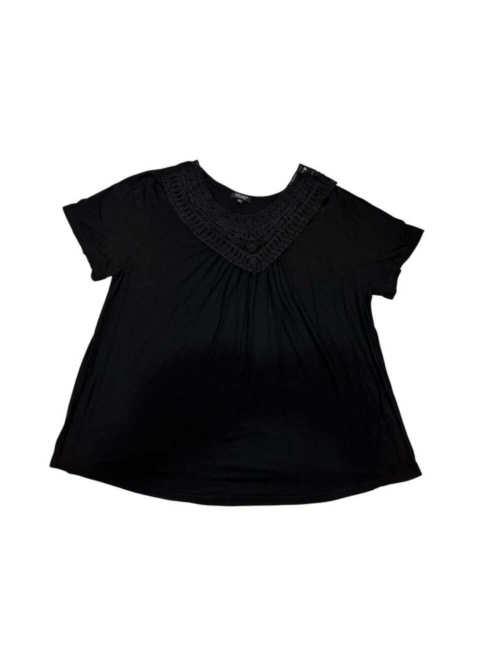 Folunsi Womens Crocheted Neckline Black Top 2X Short Sleeve Loose Fit